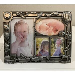 Vtg Silver Metal Kid Child Nursery Toy Theme 4 Photo Picture Capacity Frame
